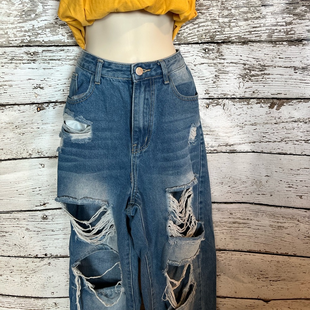 SHEIN Ripped Blue Boyfriend Jeans
